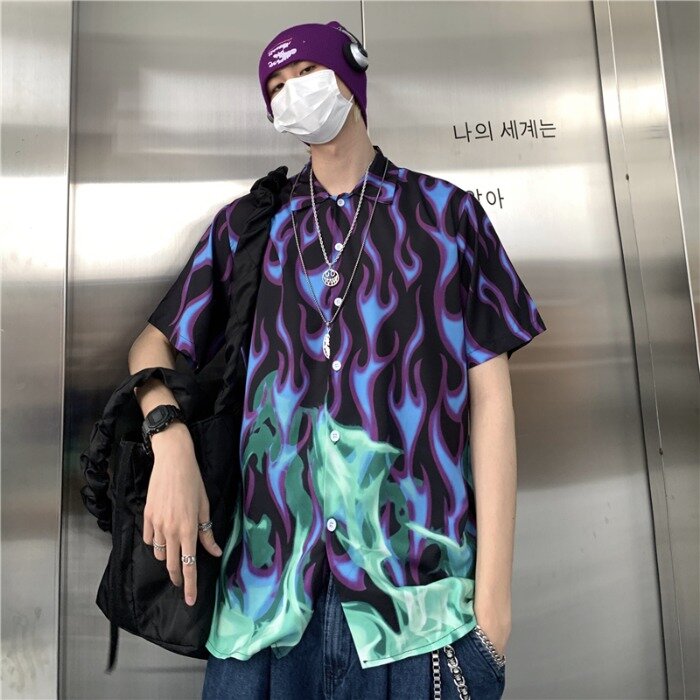 Men Women Japanese Harajuku Yamamoto Style Blouse Summer Streetwear Chic Tops Fashion Fire Flame Print Shirt Dance Hip Hop Tops