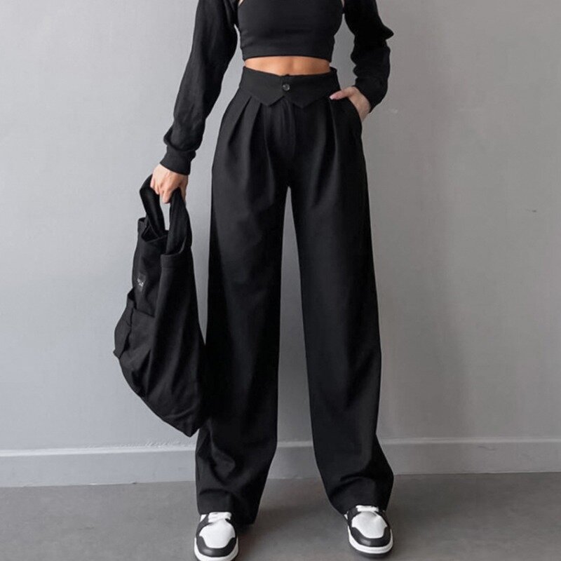 Women Summer Spring High Waist Straight Pants Office Lady Fashion Long Trousers Solid Color Button Pleated Loose Pants 28677
