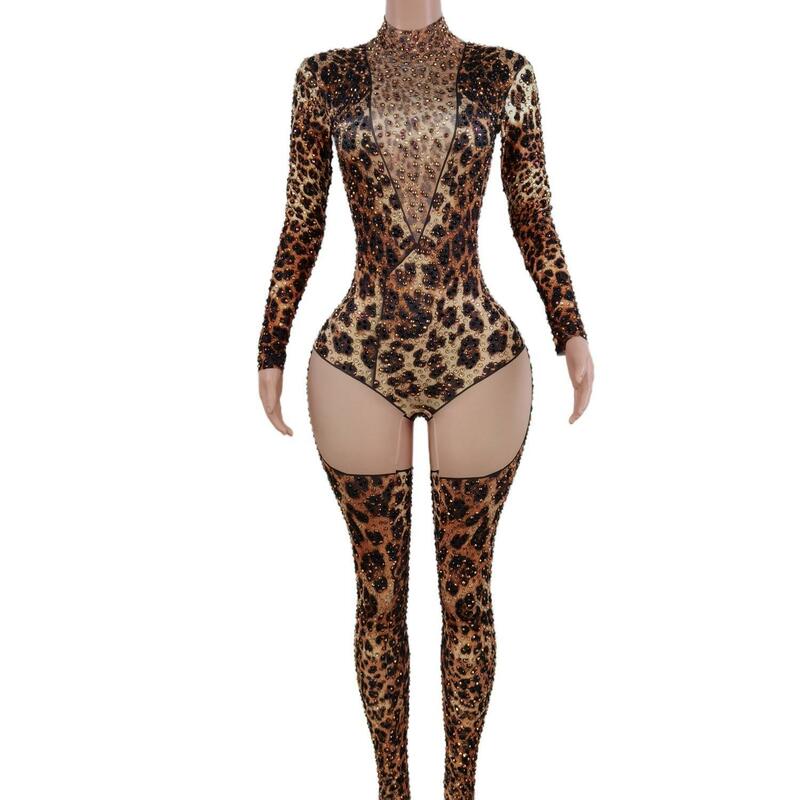 Bodysuit com estampa de leopardo feminino, roupa única, macacão sexy de manga comprida, streetwear, X2206009