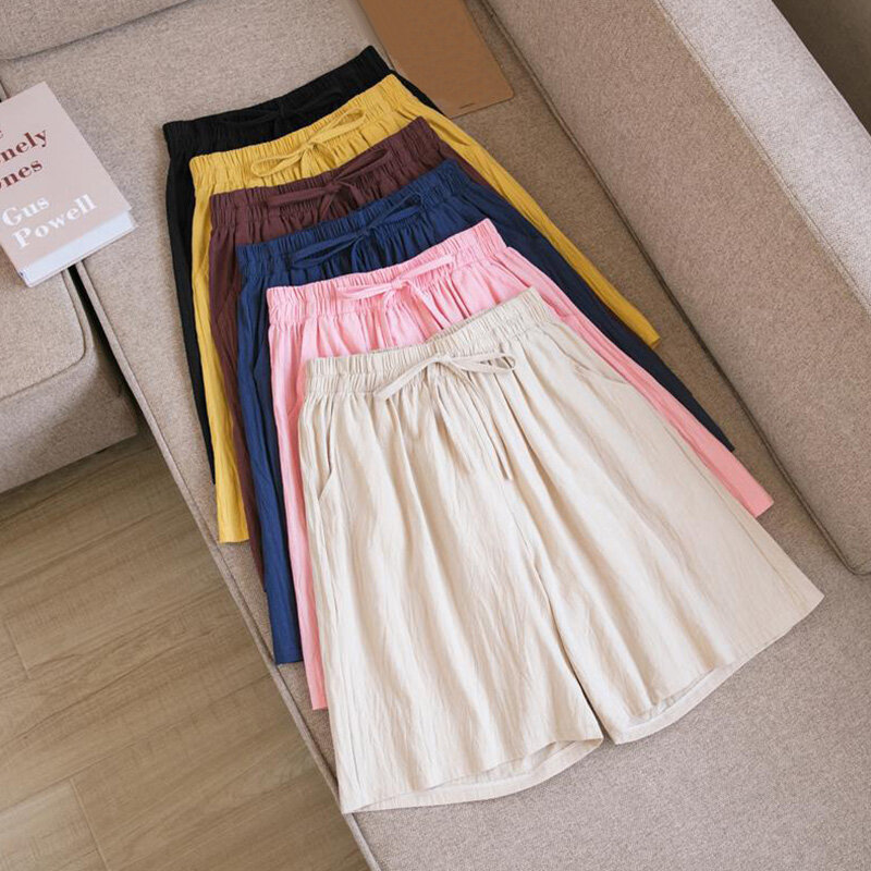Pantalones cortos sueltos de lino y algodón para mujer, Pantalón corto recto informal, Harajuku, cintura elástica, pierna ancha, hasta la rodilla, Verano