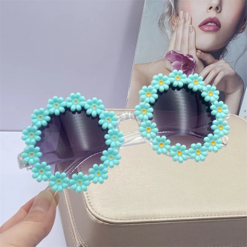 Óculos de sol floridos com moldura redonda para mulheres, óculos de sol para adultos e crianças, tons discoteca, festa festival, moda, 2024
