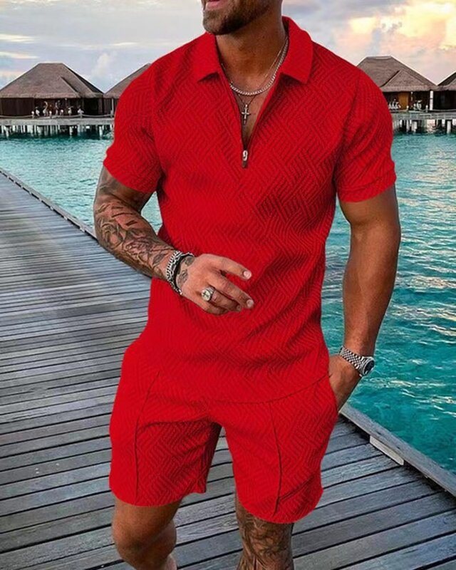 Men's Suit Mens Solid Color Summer V-neck Zipper Short Sleeve POLO Shirt+Shorts Two Pieces Men Casual Suit