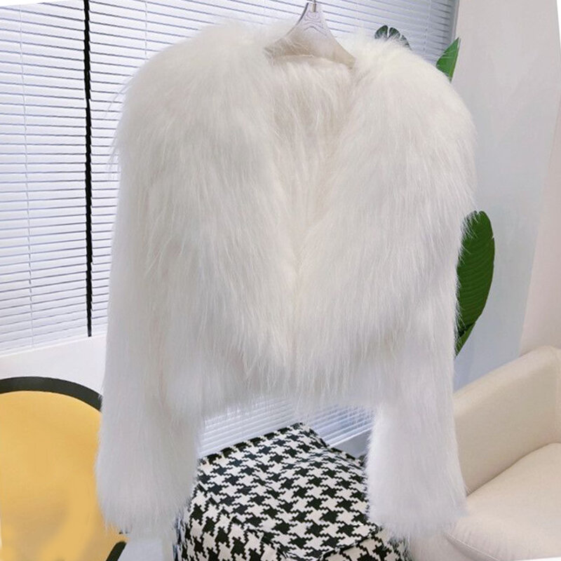 Large Collar Fur Coat for Women, White Short Jacket, High Waisted, Thick Clothing, New