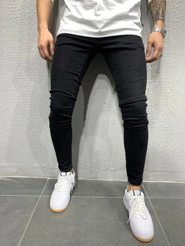 Celana pensil Jeans Denim pria, celana ketat, panjang pergelangan kaki, Solid ketat, saku kecil, pinggang tinggi, 2024