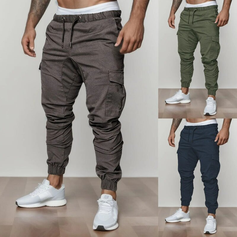 Calça esportiva de bolso múltiplo masculina, casual com cordão fitness, calça de faixa de jogger, moda, nova, 2024