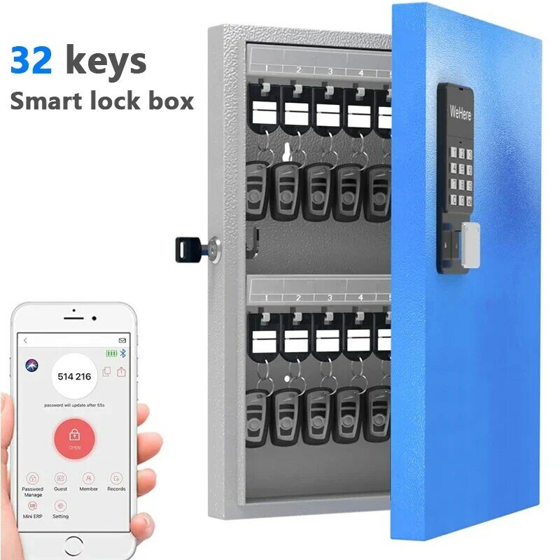 WeHere 32 Key Lock Box, armadietto intelligente per chiavi a parete, OTP/APP Bluetooth/sblocco codice fisso cassaforte per la gestione delle chiavi