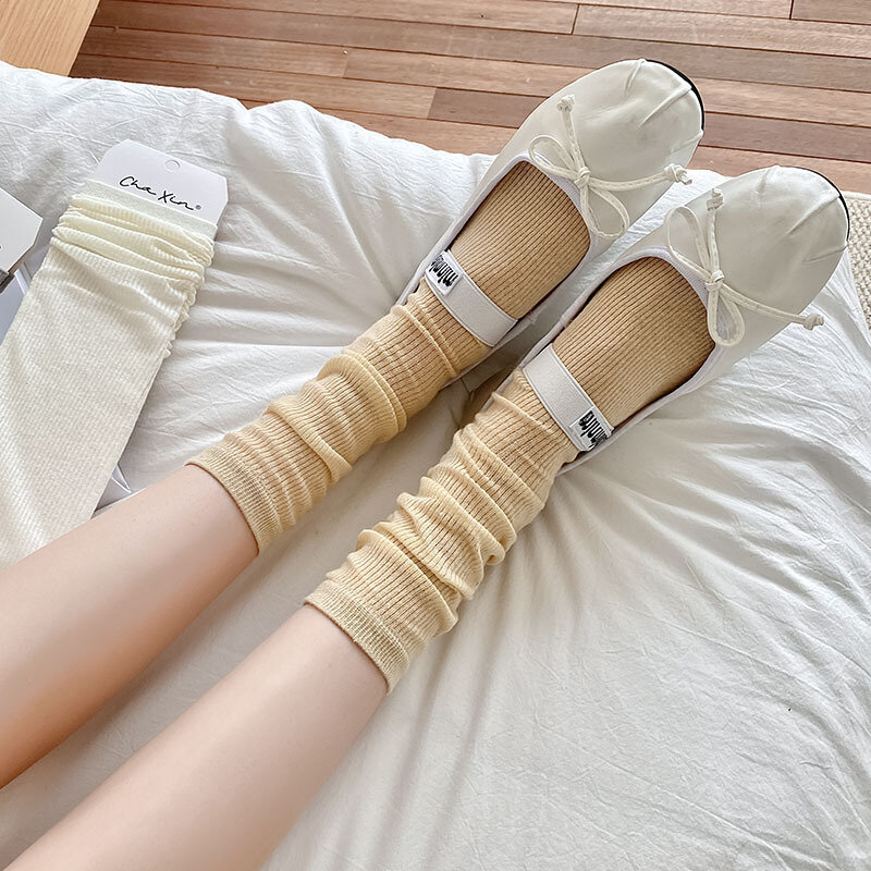Хлопковые тонкие дышащие летние женские носки, модные однотонные свободные длинные носки в Корейском стиле, школьные черные и белые носки в японском стиле для девочек