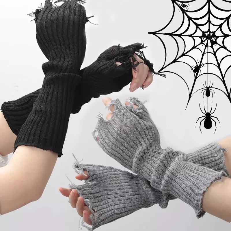 Uitgeholde Lange Vingerloze Handschoenen Vrouwen Winter Warmer Gebreide Arm Mouw Wanten Nieuwe Fijne Zachte Meisjeskleding Punk Gothic Handschoenen