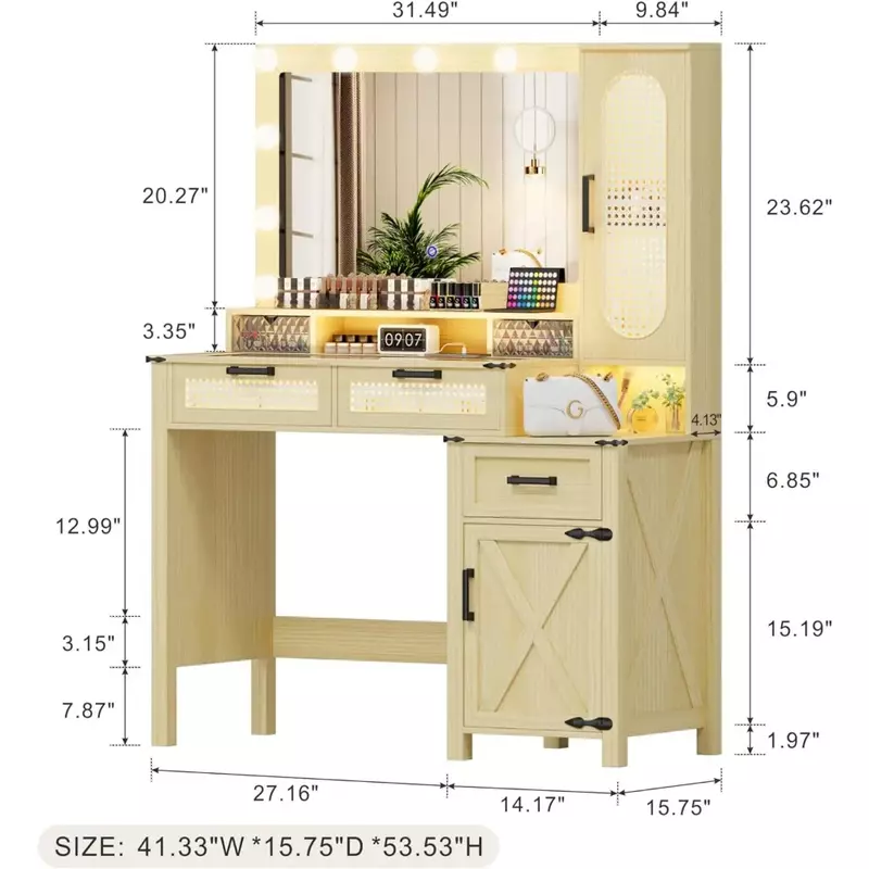 Makeup Vanity Desk With Glass Top Design & Charging Station Dresser Wood Vanity Set With Hollywood Mirror & Drawers for Bedroom