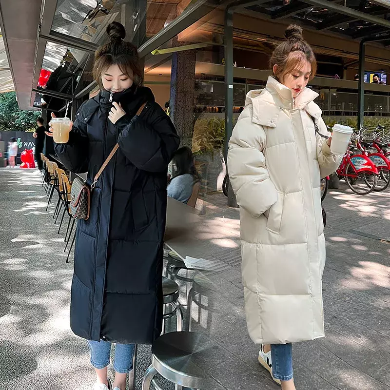 Casaco de algodão longo e reto feminino, jaqueta puffer solta coreana, parkas femininas quentes, outwear de inverno, nova moda, 2023
