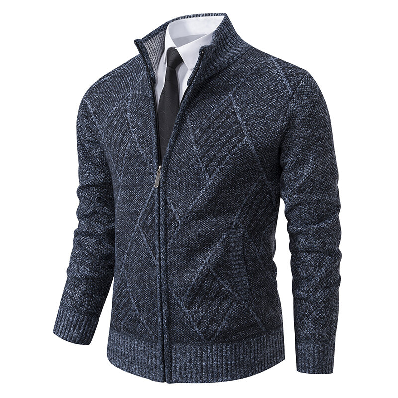 Herfst Winterjassen Mannen Smart Casual Opstaande Kraag Sweatercoat Mode Geometrische Gebreide Bovenkleding Heren Slanke Jas Met Rits