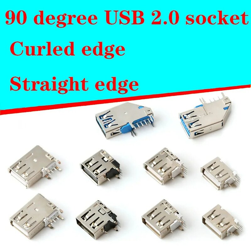 USB 2.0 A Female Mount Socket Connector, Inser Lateral Vertical, Tipo Longo e Curto, 90 Graus Feminino Jack, 1 a 5pcs
