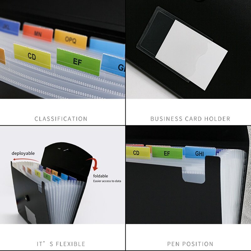 Expansível Accordian File Folder, Expansão Pocket Organizer, Plástico