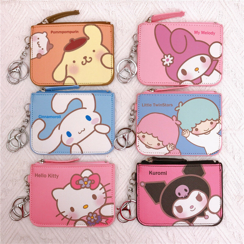 Kawaii Sanrio Kuromi Hello Kitty Cinnamorroll Melody Pachacco Pom Purin Leather Card Holder Lovely Coin Wallet Key Chain Pendant