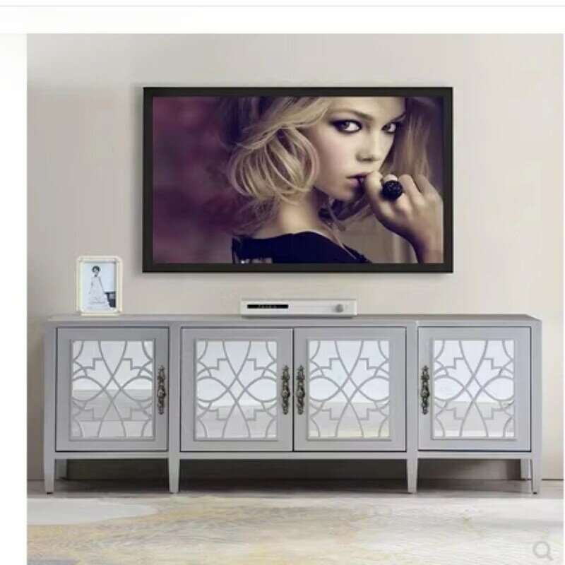 Armario de TV largo de plata con almacenamiento, mesa de modelado para sala de estar, boutique moderna Nórdica