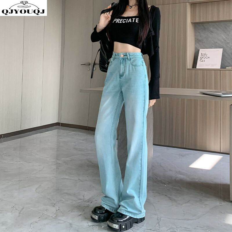 Jadeitowe zielone jeansy damskie z wysokim stanem 2024 wiosna/lato koreański, Slim pasują do spodni z szerokimi nogawkami