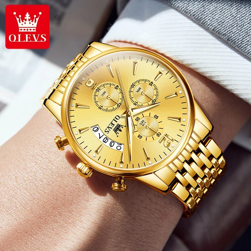 Olevs Merk Luxe Gouden Quartz Horloge Voor Heren Roestvrij Staal Waterdicht Sport Multifunctioneel Chronograaf Horloge Logio Masculino