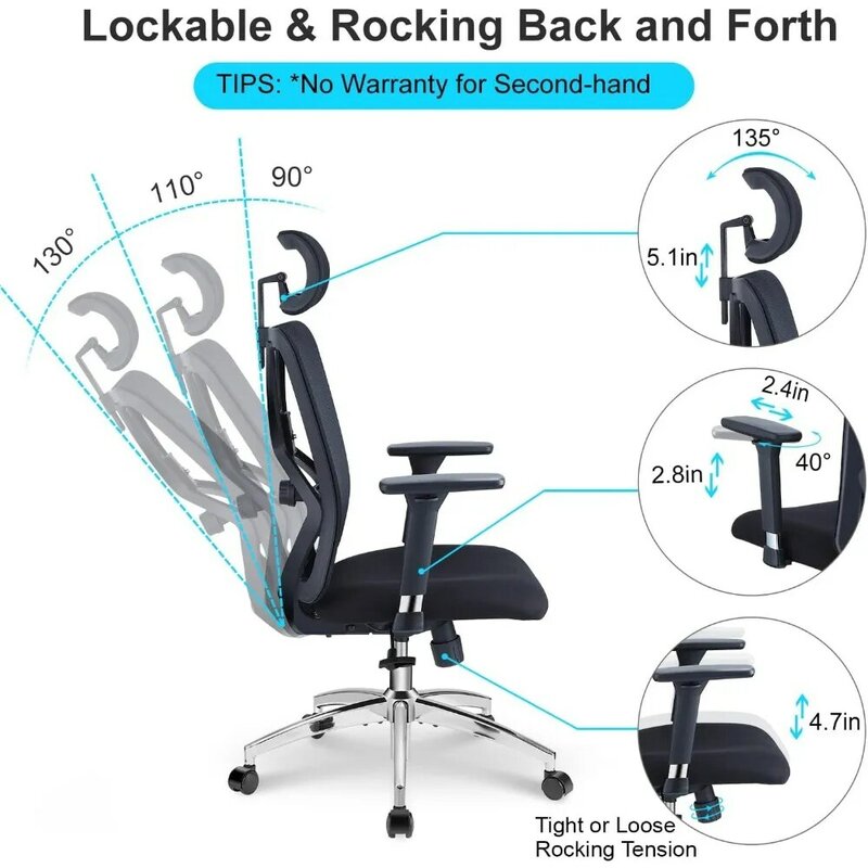 Ergonomiczne krzesło biurowe — krzesło biurowe z wysokim oparciem, regulowanym podparciem lędźwiowym, zagłówkiem i metalowym podłokietnikiem 3D - 130° Bujany na biegunach