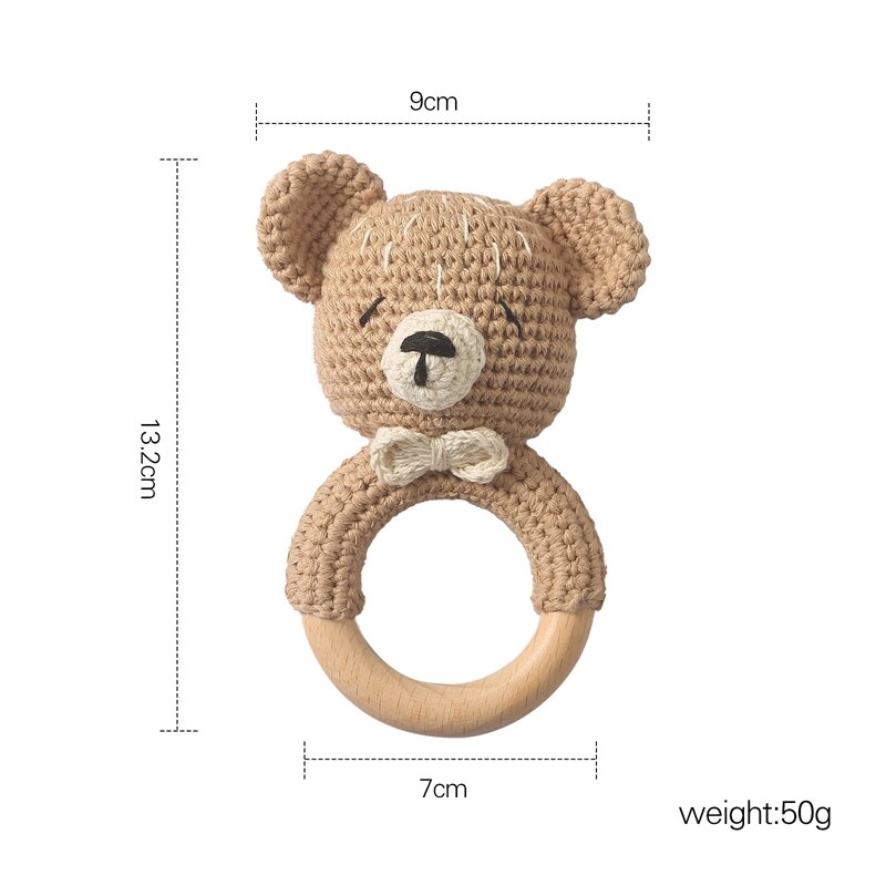 1PC Crochet Animal Bear Rattle Toy Soother Bracelet Wooden Teether Ring Baby Product Mobile Pram Crib Wooden Toys Newborn Gifts