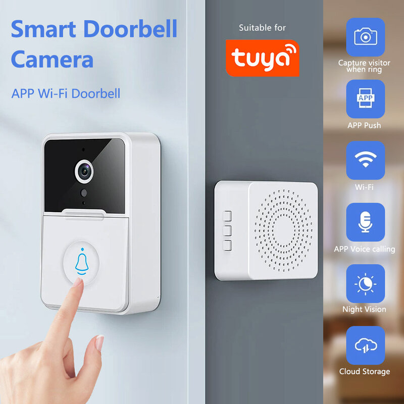 Tuya WiFi Video Doorbell Home WiFi Wireless Doorbell Rechargeable Battery Powered HD Camera PIR Motion Detection Visual Doorbell