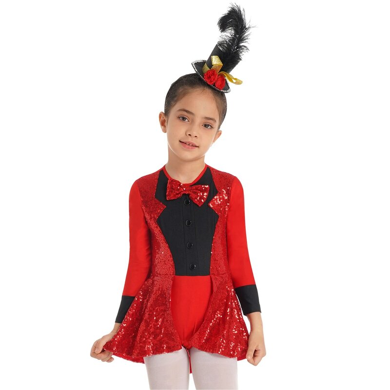 Kids Girls Jazz Dance Performance Bodysuit Long Sleeve Bow Tie Sequin Leotard Dress Circus Ringmaster Magician Cosplay Costume