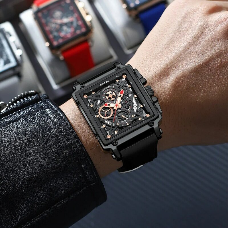 CRRJU Men's Sports Chronograph Wrist Watch For Men Army Silicone strap Square Quartz Stop Watch Clock Man Relogios Masculino