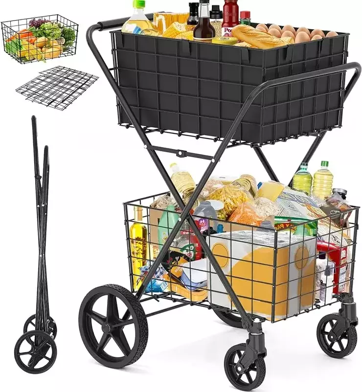 Carrinho de compras extra grande para mercearia, 2 níveis, 400Lbs, 2 cestas de armazenamento removíveis, 2024