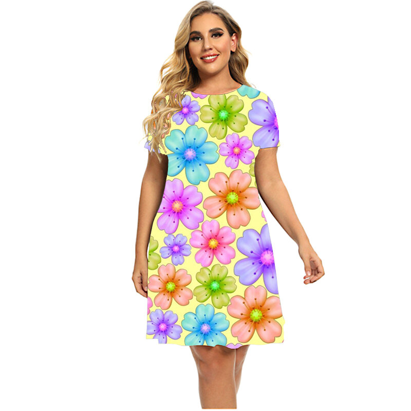 Flower Power Gradient Print Women Dress Elegant Sweet Casual Short Sleeve A-Line Dress Summer Fashion Ladies Plus Size Clothing