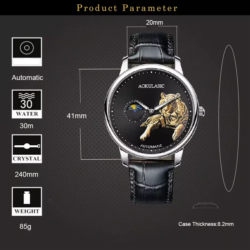 AOKULASIC Men's Automatic Watches Fashion Luminous Casual Leather Band Mechanical Wristwatches Man Moon Phase Waterproof Watch