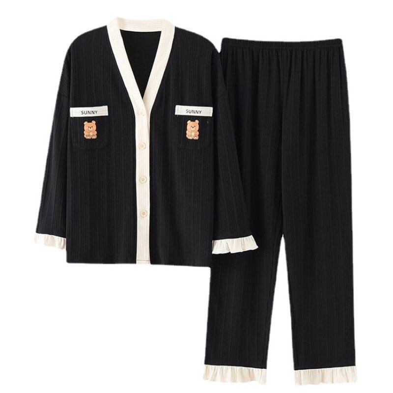 Piyama longgar wanita, baju tidur minimalis modis lengan panjang leher V Set pakaian rumah Musim Semi dan Gugur 2024