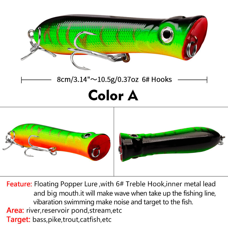 1pcs fishing bait Popper Wobbler swim lure With 6# hooks 8cm12g floating crankbait artificial bait poper pesca carp pike DXP002