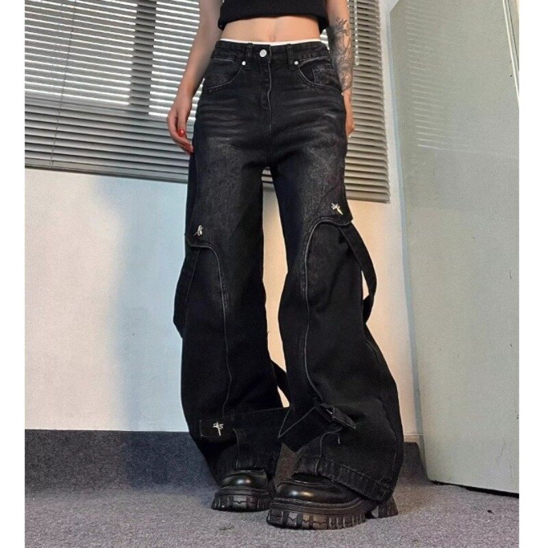 Винтажные широкие черные джинсы Deeptown, мешковатые, Y2k, большие, гранж, джинсовые брюки, свободные, в стиле Харадзюку, Готическая уличная одежда, брюки в американском стиле