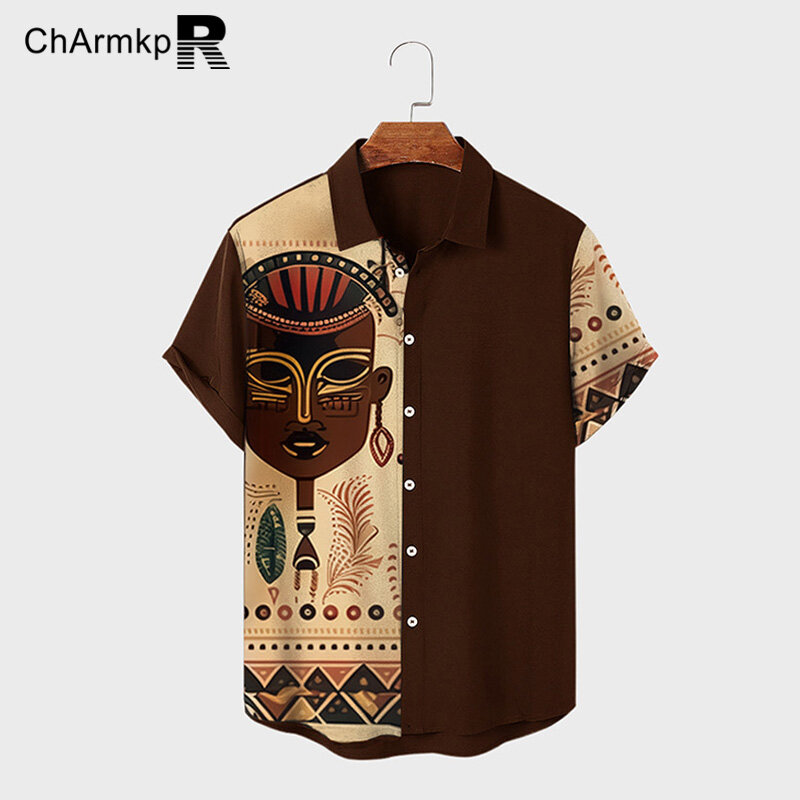 Charmkpr-メンズ半袖折り襟シャツ、ボタンアップシャツ、パターンパッチワークトップス、ストリートウェア、サマーファッション、2024