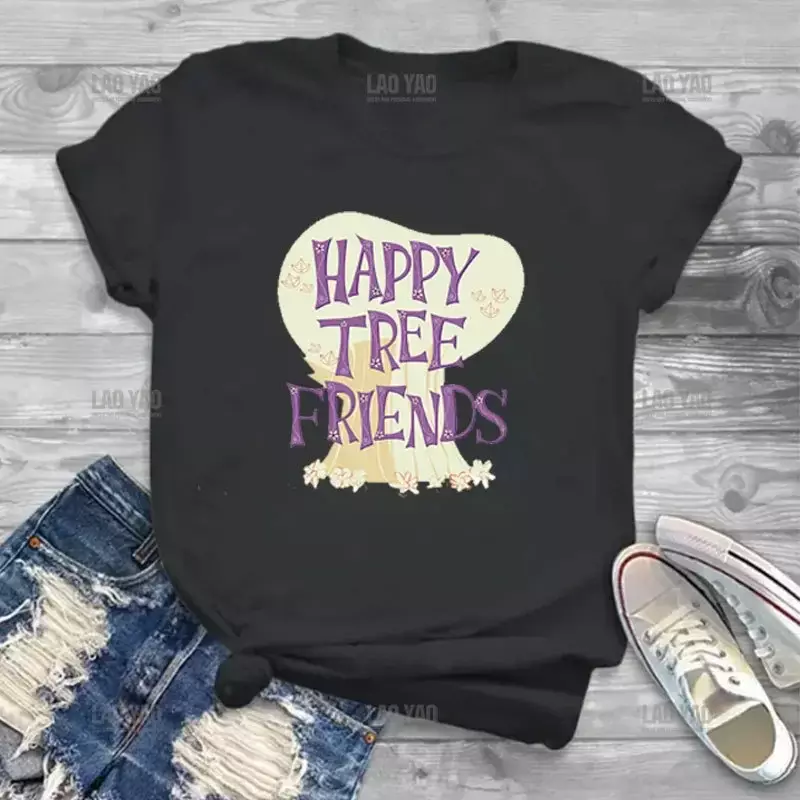 New T-shirt Cartoon Pattern Happy Tree Animated Top Men and Women Can Wear Fashion Short-sleeved O Collar Clothing