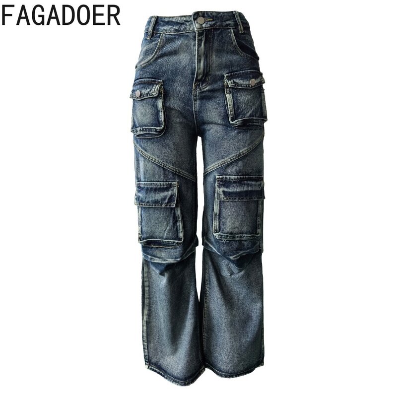 FAGADOER Gray Fashion Distress Denim Pocket Cargo Pants Women High Waisted Button Wide Leg Jean Casual Cowboy Straight Trousers