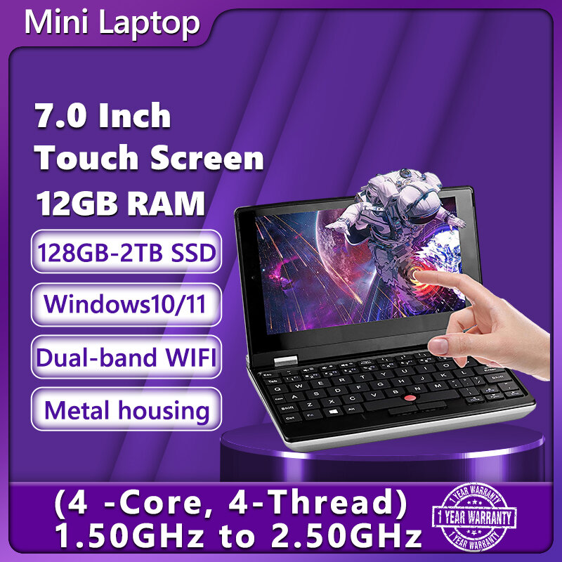 Mini Pocket Gaming Laptop, 7 "Touch Screen, Netbook portátil, 12GB, DDR4, 2TB SSD, Metal Pequeno Notebook, Windows 1011, 2.0MP