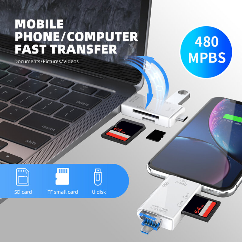 Adaptador de Transmissão de Alta Velocidade, Unidade Flash USB, Tipo C, Leitor de Cartão Micro USB, OTG, SD, TF, 480Mbps, USB 2.0