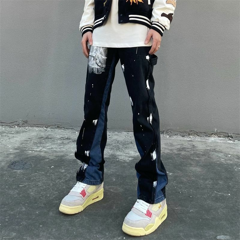 American-style high street ins ripped stitching micro-launched jeans men's straight-leg loose American-style denim trousers