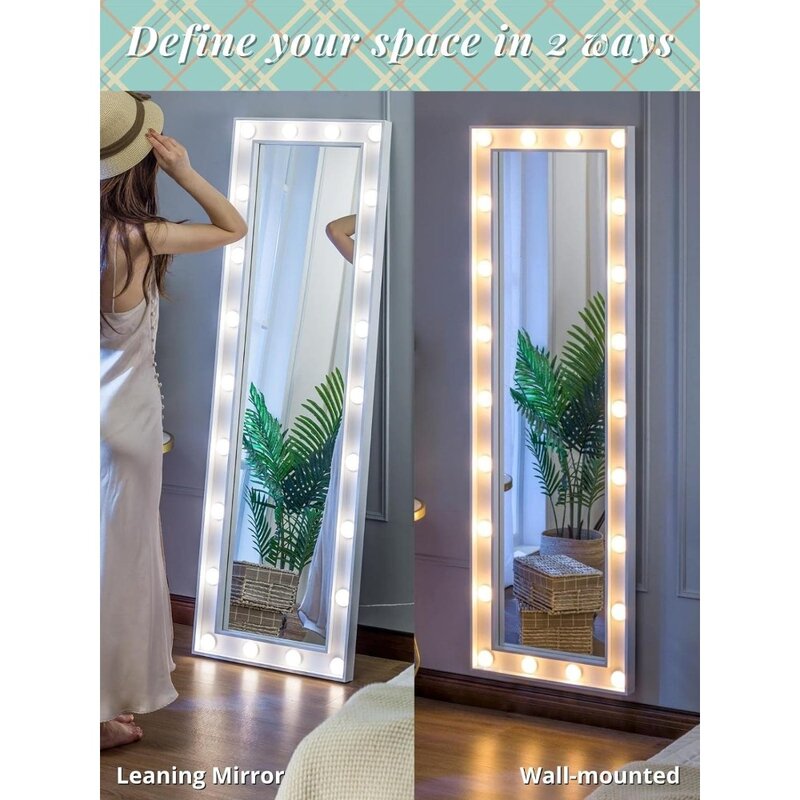 63" x 20" with 22 LED Bulbs Large Standing Floor Mirror, Wall Mounted Mirror Dimmable & 3 Color Lighting for Bedroom, White