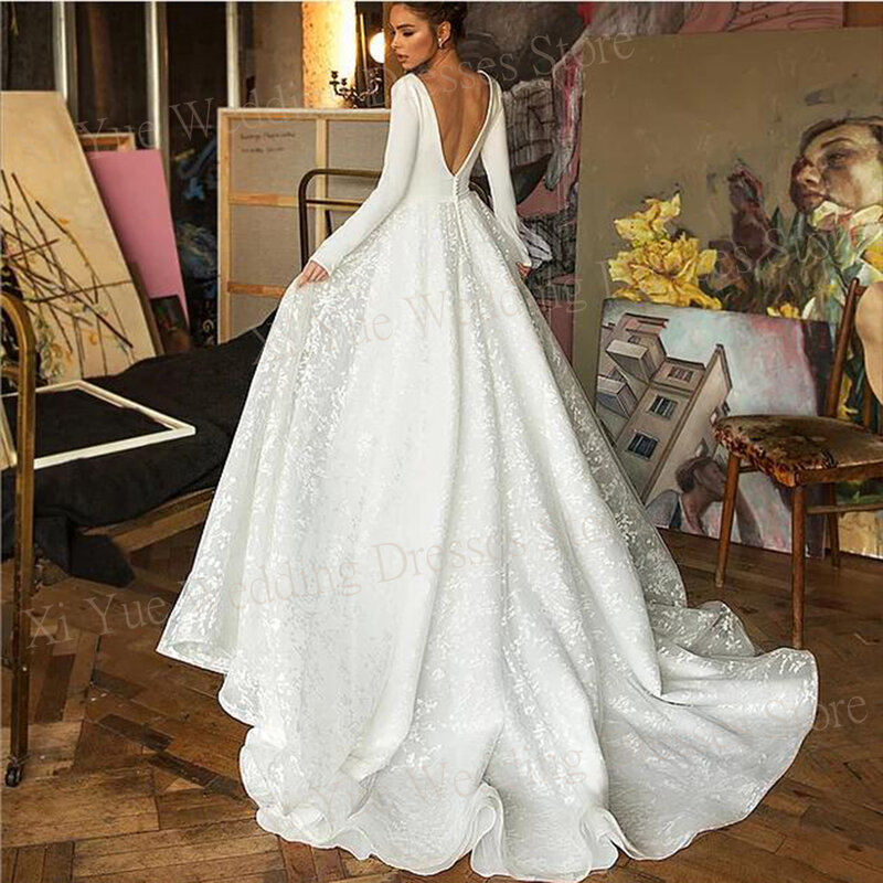 2024 простые просторные трапециевидные женские свадебные платья элегантные платья невесты с V-образным вырезом и длинным рукавом очаровательные кружевные аппликации