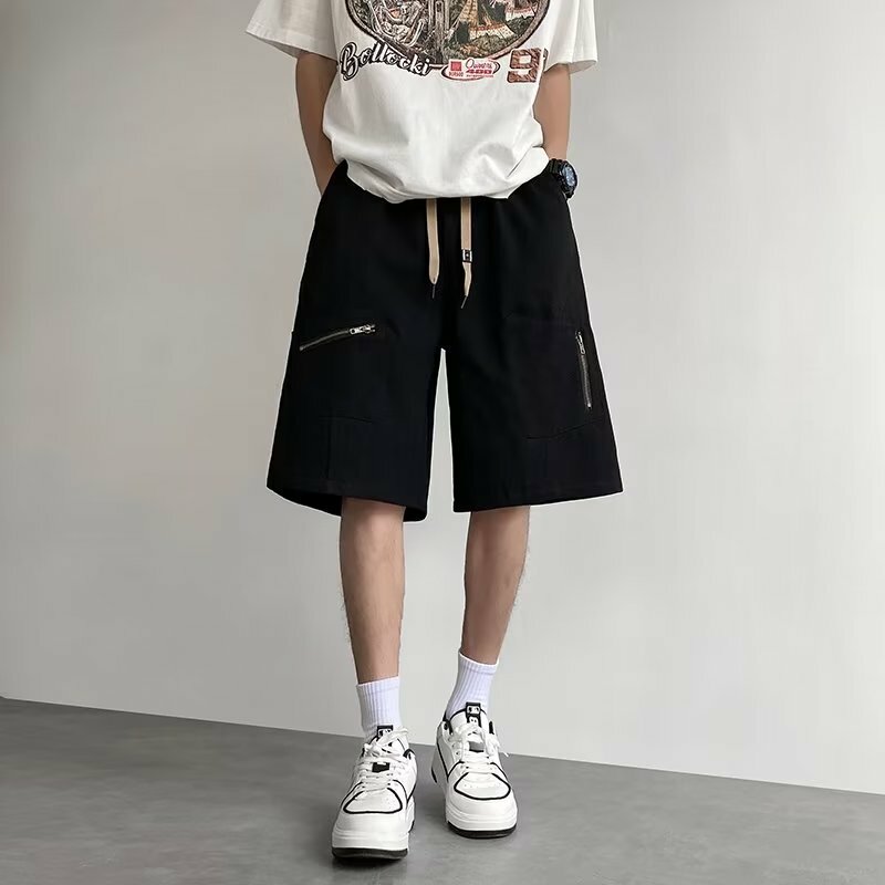 Cargo Shorts Men Solid Asymmetrical Wide Leg Spring Summer Outdoor Sporty Drawstring Teenagers Handsome Fitness Fashion Chic