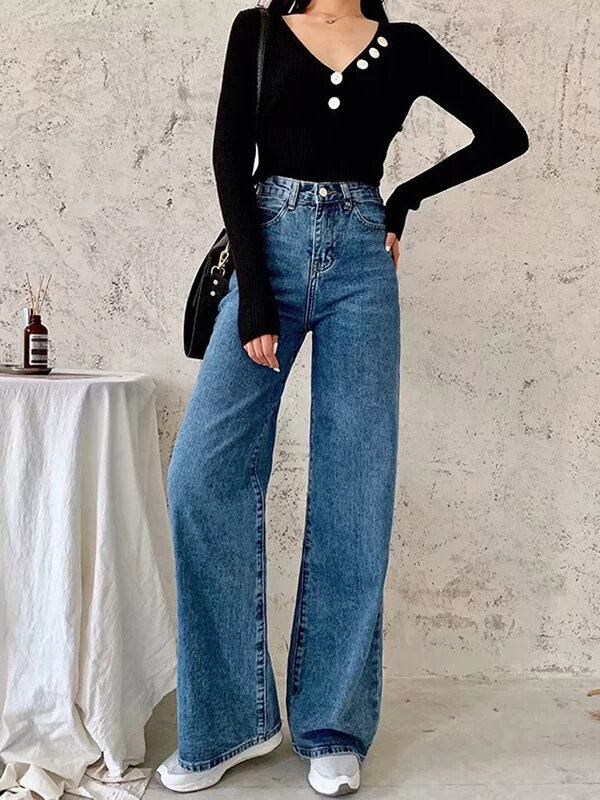 GOPLUS Jeans Wanita Y2k Celana Kaki Lebar Jeans Ibu Pinggang Tinggi Celana Denim Fashion Korea Jeans Biru Pantalon Large Femme C11855