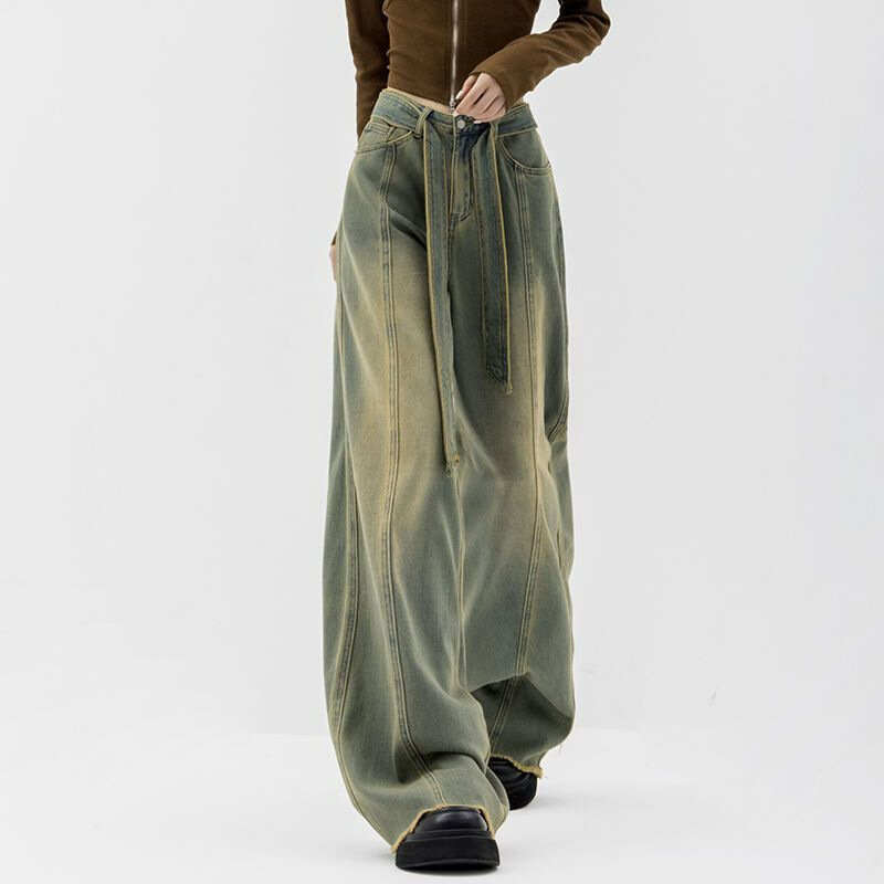 Джинсовые брюки в уличном стиле, женские плиссированные джинсы с открытой талией, прямые свободные брюки с широкими штанинами в стиле High Street