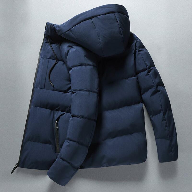 Jaqueta de algodão acolchoada com cordão masculino, manga longa, cor sólida, enchimento fofo, zíper, blusão com capuz, windproof, inverno