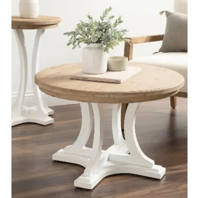 Coffee Table Farmhouse, 28" Diameter, Rustic Brown & White, Decorative Center Table, Rustic Style, Vintage Decoration