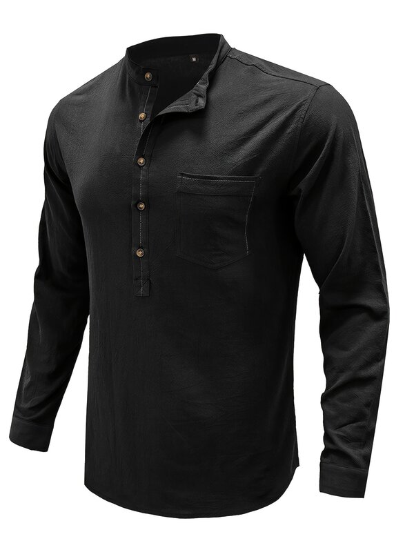 Camisa Henley sólida masculina com botões, tamanho positivo, primavera, outono, inverno, roupas de homem