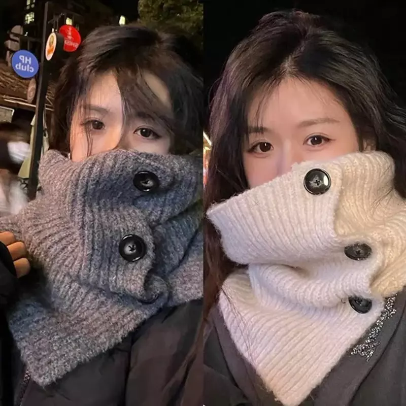 Nuova sciarpa calda invernale Ins sciarpe con bottoni in tinta unita alla moda per le donne ragazze sciarpa con colletto finto con bottone lavorato a maglia in tinta unita coreano