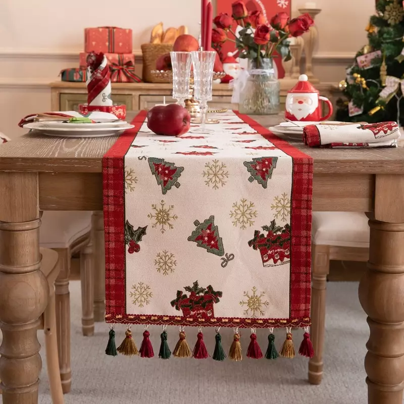 ผ้าปูโต๊ะผ้าปูโต๊ะปักลายต้นคริสต์มาสกวางแดงผ้าลินินประดับพู่ประดับโต๊ะทานอาหารบ้านวันหยุด