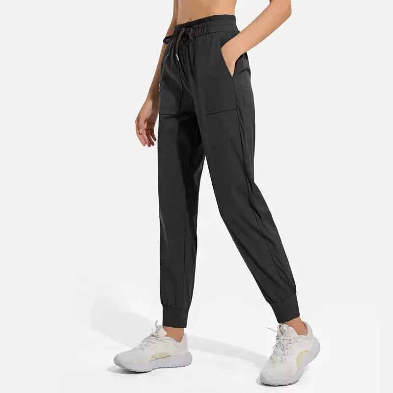 Lemon celana panjang Yoga kebugaran wanita, celana olahraga pinggang tengah tipis bersirkulasi kain longgar pas untuk olahraga Jogger dengan saku