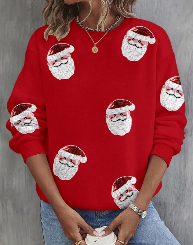Sudadera de manga larga con patrón de Papá Noel para mujer, jerséis de cuello redondo con lentejuelas en contraste, moda informal, invierno, nuevo